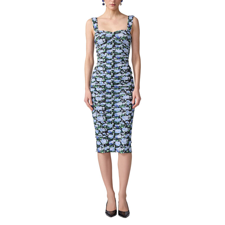 Thick Strap Ruched Peony-Print Midi Dress image number null