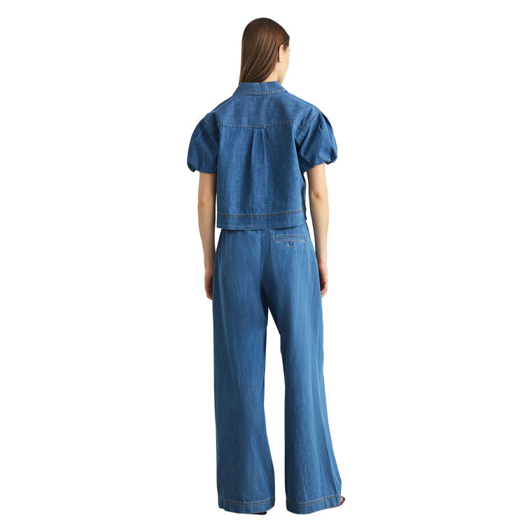 Elza Short Puff Sleeve Chambray Denim Top image number null