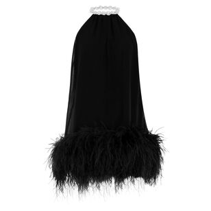 Crystal Embellished Halter Neck Mini Dress With Feathers