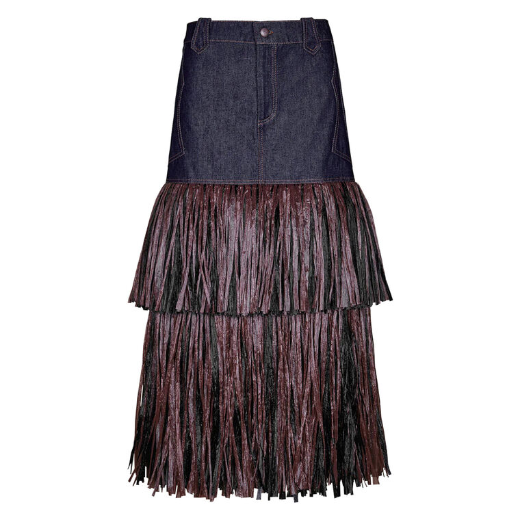 Calipso Denim Raffia Detail Ankle Skirt image number null