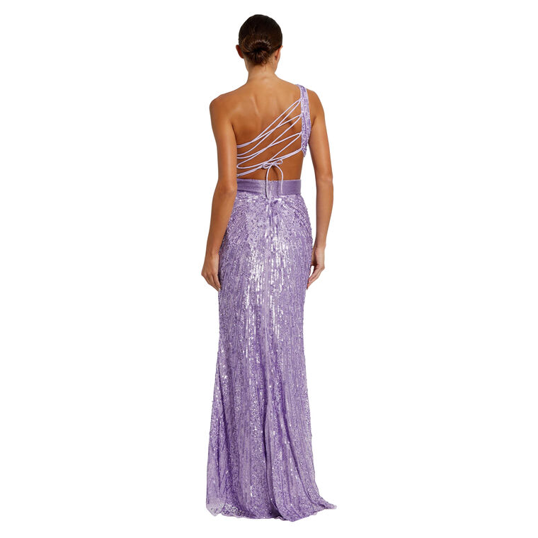 Sequined One Shoulder Draped Lace Up Gown image number null