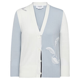 Funmix Feather Jersey Instarsia Pointelle Relaxed Fit V-Neck Cardigan