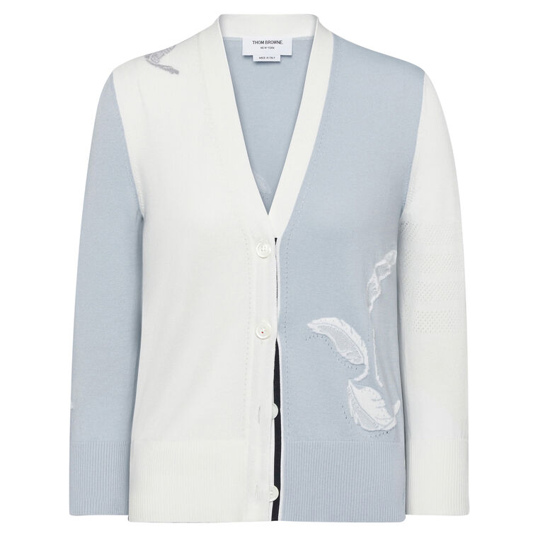 Funmix Feather Jersey Instarsia Pointelle Relaxed Fit V-Neck Cardigan image number null