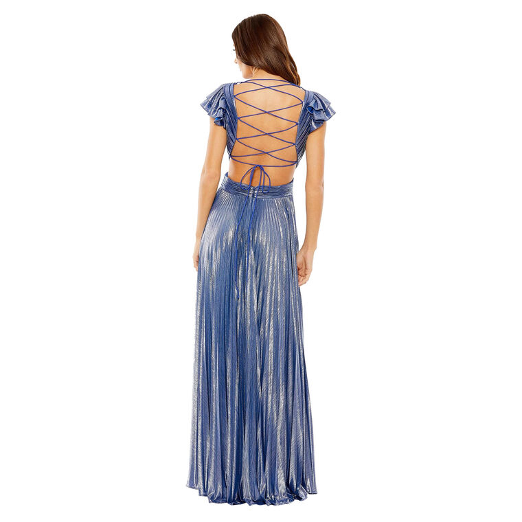 Ruffle Sleeve Cutout Pleated Metallic Gown image number null