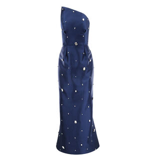 Strapless Asymmetrical Gown With Scattered Gems