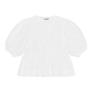 Short Sleeve Cotton Poplin Peplum Tie Blouse