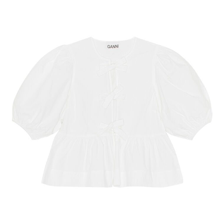 Short Sleeve Cotton Poplin Peplum Tie Blouse image number null