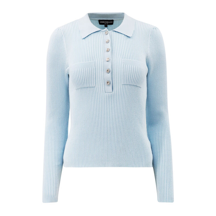Perry Rib-Knit Rhinestone Polo Sweater image number null