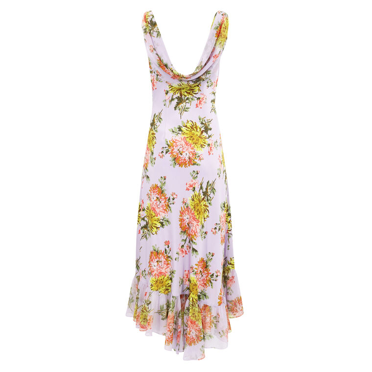 Faded Chrysanthemum Draped Neck Ruffle Dress image number null
