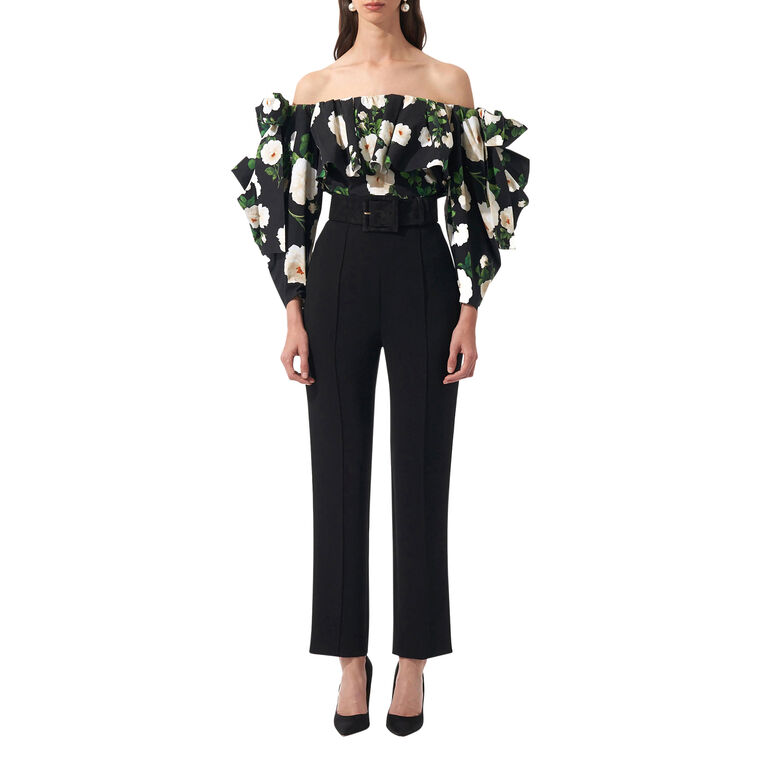Off Shoulder Draped Sleeve Top With Rose Print image number null