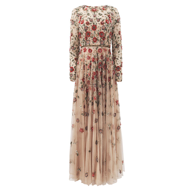 Embellished High Neck Long Sleeve A-Line Gown image number null