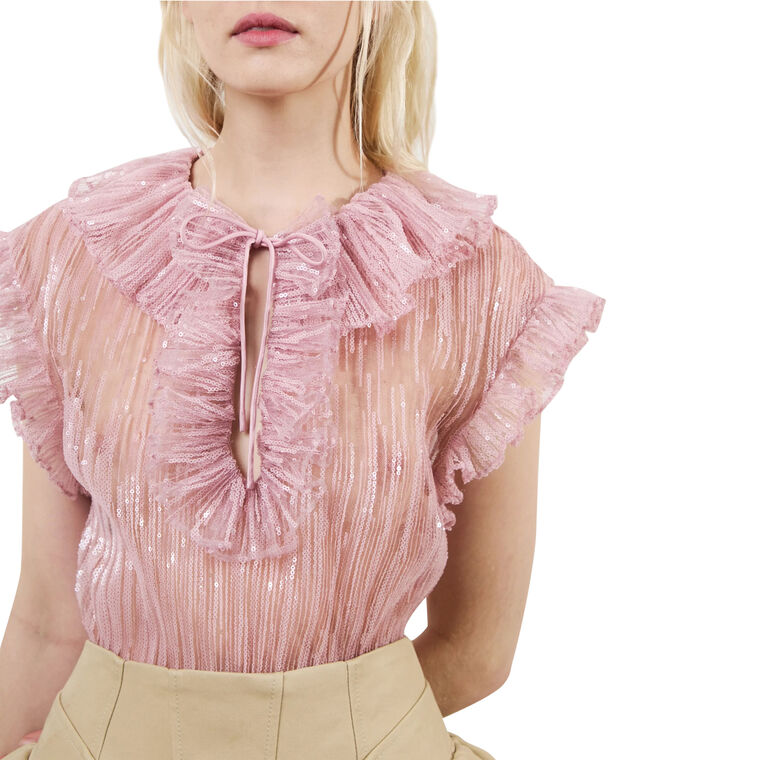 Este Short Sleeve Sequined Ruffle Tulle Top image number null