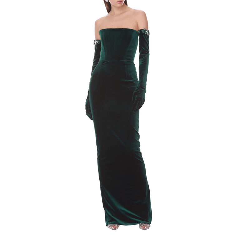 Velvet Strapless Maxi Dress With Gloves image number null