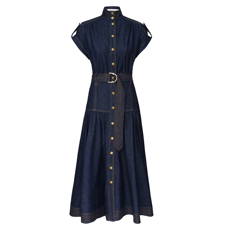 Short Sleeve Belted Denim Midi Dress image number null