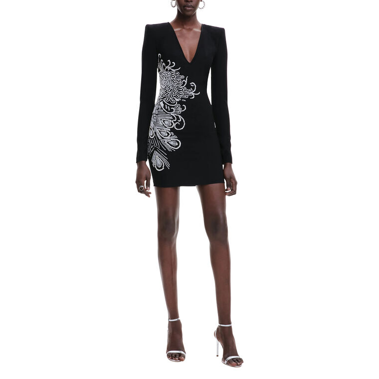 Pearl Embellished Long Sleeve V-Neck Mini Dress image number null