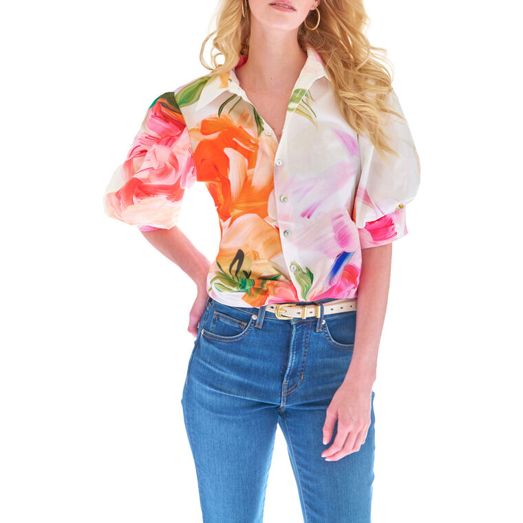 Bomba Peony Floral Short Sleeve Twist-Front Blouse image number null