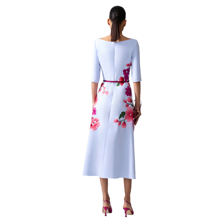 Floral-Embroidered Boat Neck Elbow Sleeve Midi Dress image number null
