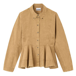 Washed Stretch Cotton Long Sleeve Peplum Shirt