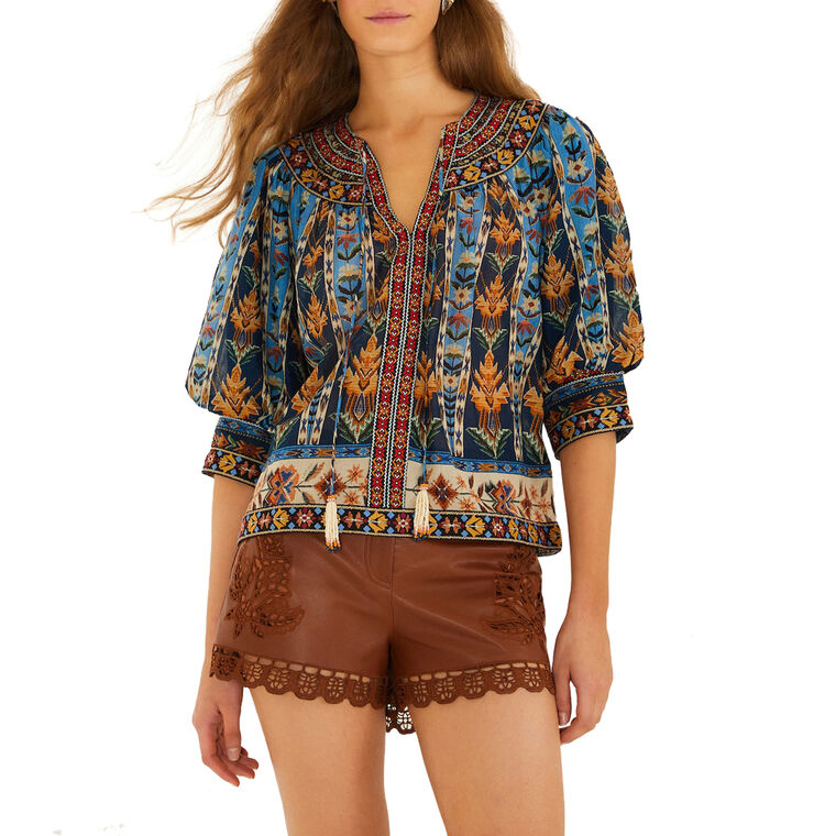 Embroidered Tapestry Puff Sleeve Tassel Blouse image number null