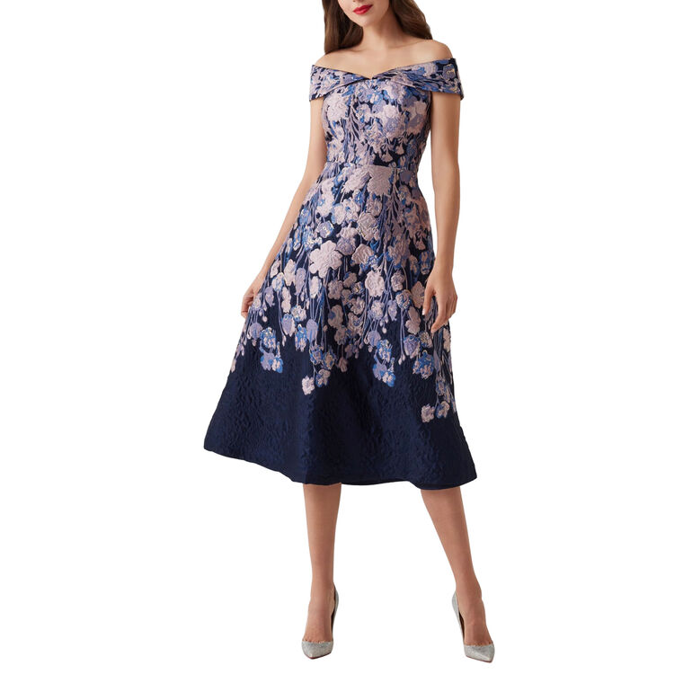 Floral Metallic Jacquard Off-The-Shoulder Fit And Flare Midi Dress image number null