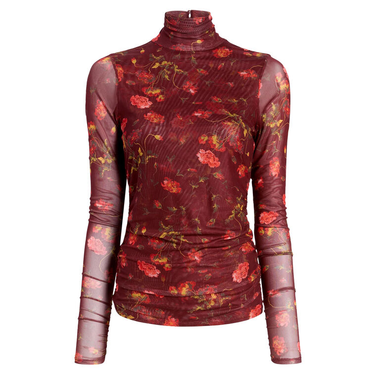 Falling Poppies Shirred Mesh Turtleneck Top image number null