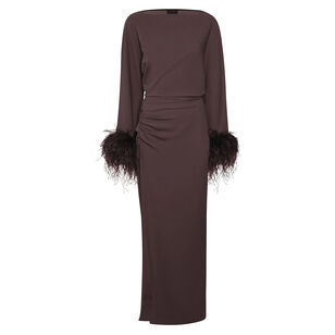 Stretch Drape Crepe Off The Shoulder Dress With Feathers