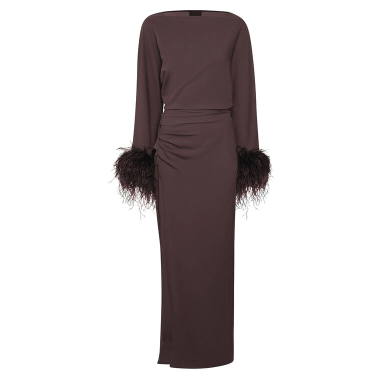 Stretch Drape Crepe Off The Shoulder Dress With Feathers image number null