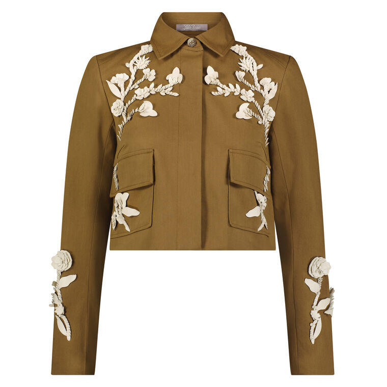Leather Floral Embroidered Rustic Stretch Cotton Jacket image number null