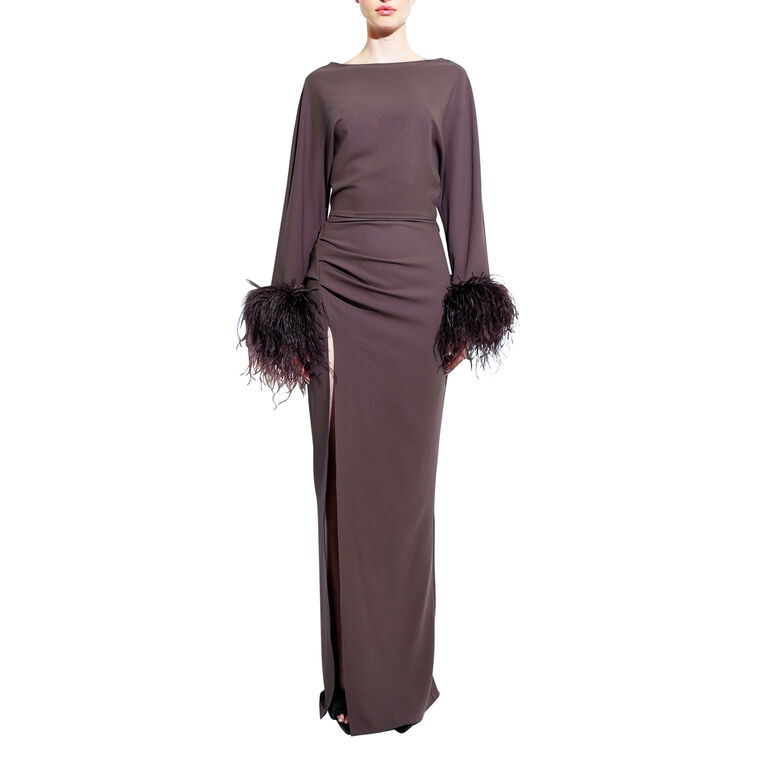 Stretch Drape Crepe Off The Shoulder Dress With Feathers image number null