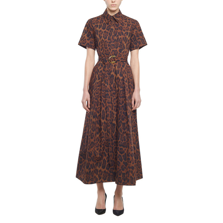 Leighton Short Sleeve Belted Midi Dress In Leopard Printed Poplin image number null
