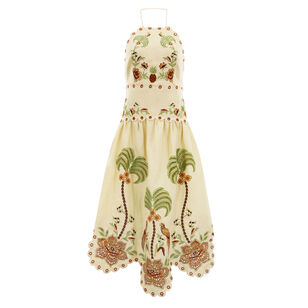 Delicate Forest Embrodered Linen Halterneck Midi Dress