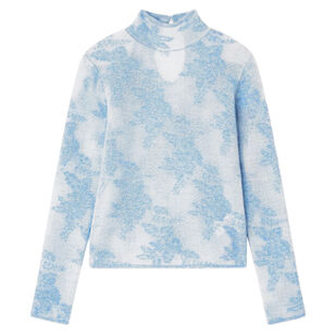 Sheer Flower Jacquard Long Sleeve Mockneck Sweater
