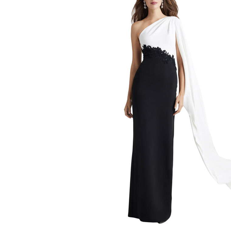 Crepe One Shoulder Drape Sleeve Gown image number null