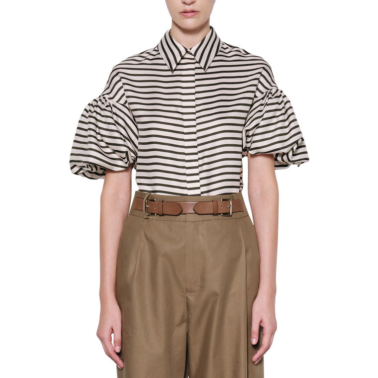 Striped Bubble Sleeve Silk Twill Button Down Shirt image number null