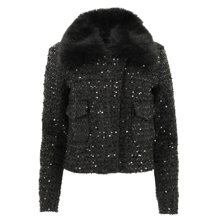 Faux Fur Trimmed Sequin Jacket image number null