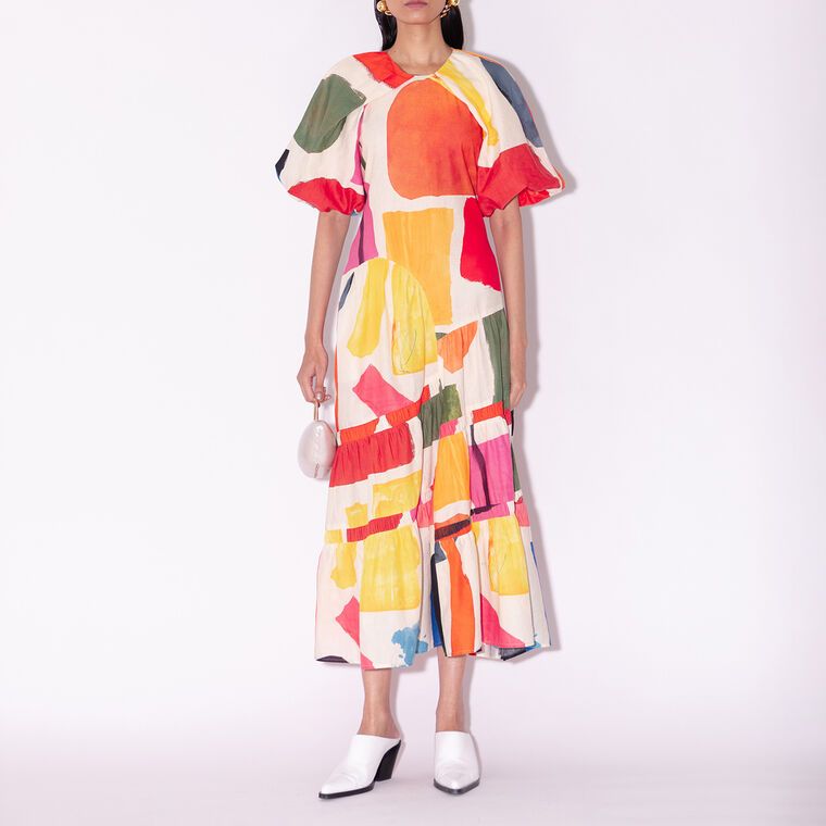 Mosaic Puff-Sleeve Midi Dress image number null