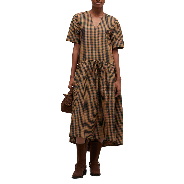 Short Sleeve Crinkled Taffeta Check Print Midi Dress image number null