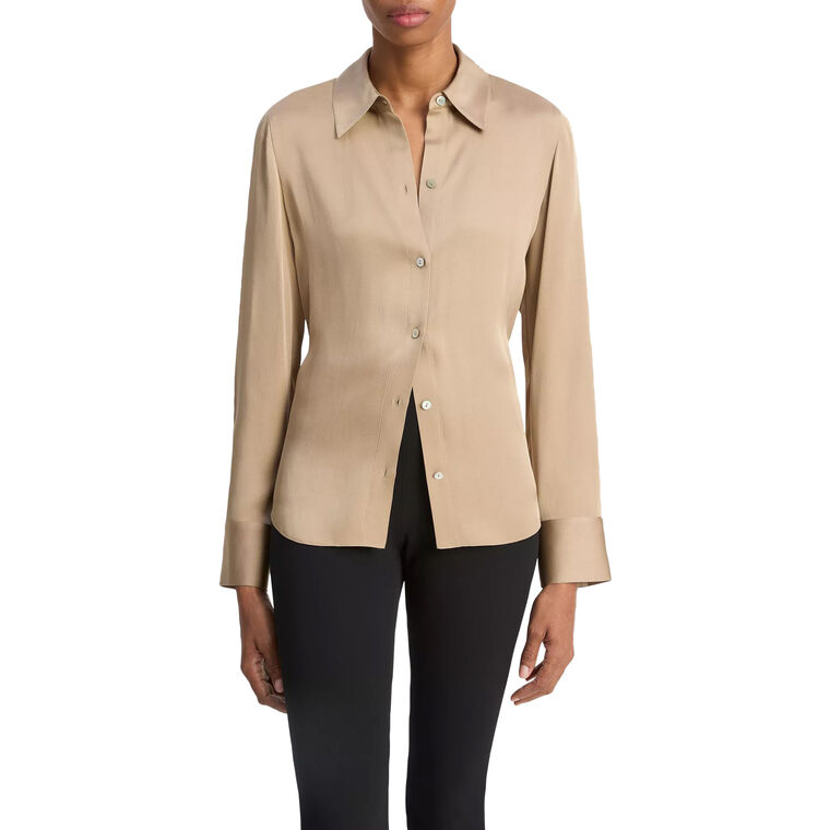 Silk-Blend Slim Fit Classic Button-Front Blouse image number null