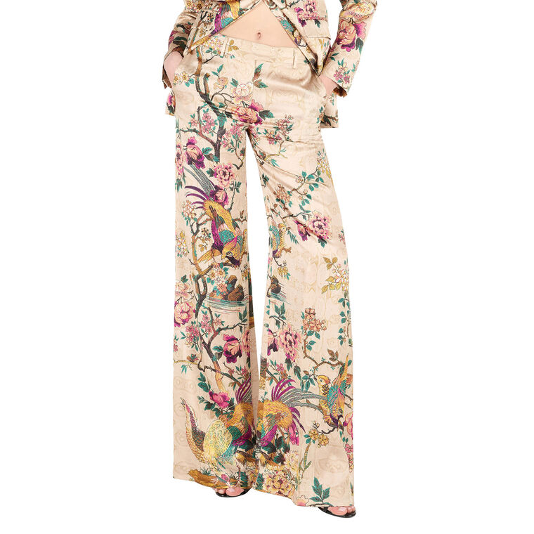 Bird Print Silk Satin Wide Leg Trouser image number null