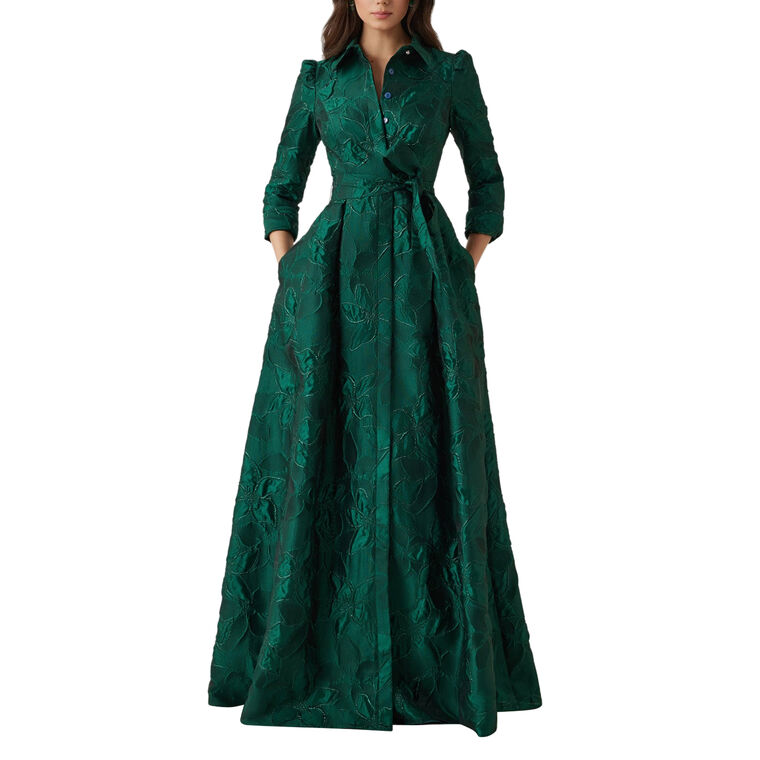 Jacquard Floral Long Sleeve Shirt Waist Gown image number null