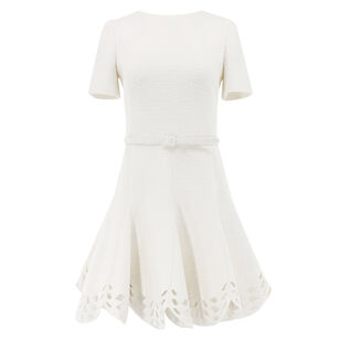 Short Sleeve Cutout-Hem Belted Tweed Mini Dress