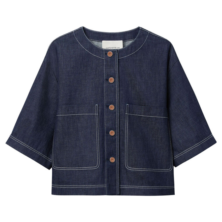 Chambray Short Sleeve Button-Front Cropped Jacket image number null