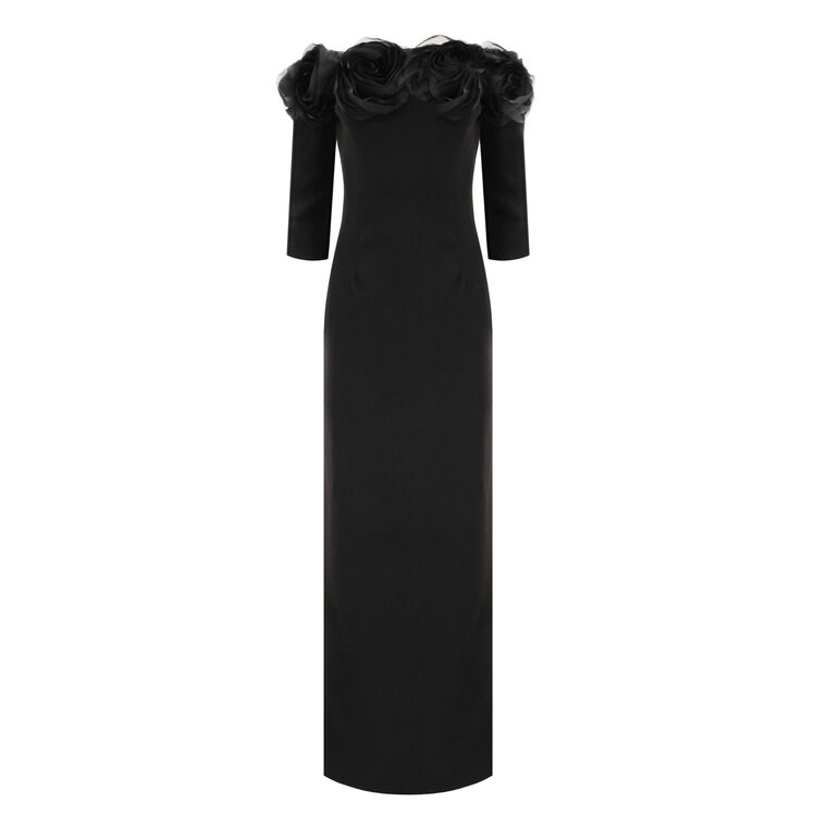 Crepe 3D Flower Off The Shoulder Gown image number null