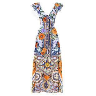 Tie Front Frill Sleeve Long Dress