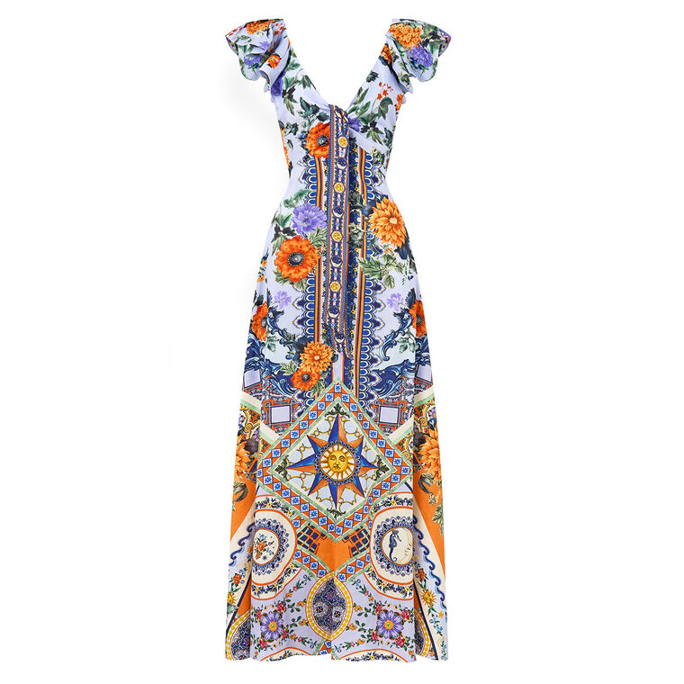 Tie Front Frill Sleeve Long Dress image number null