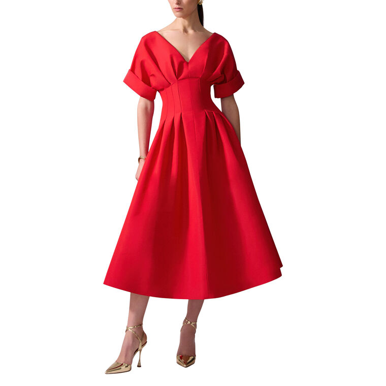 Short Sleeve V-Neck Gathered Waist Midi Dress image number null