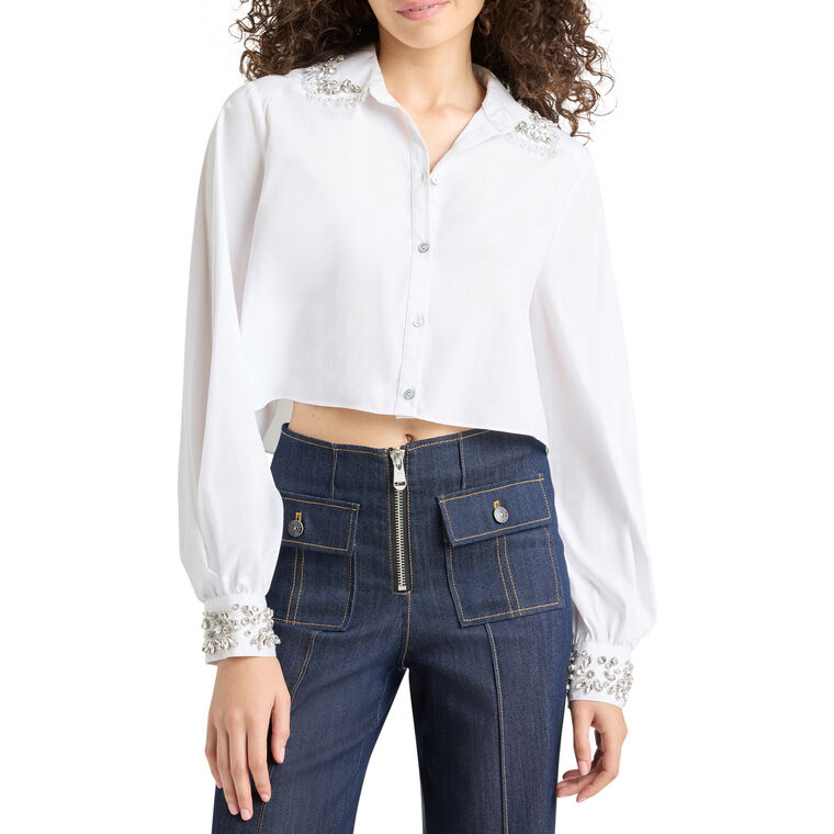 Selina Layered Gemstone Cropped Button-Down Top image number null