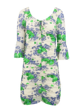 Printed Mesh U Neck Ruched Mini Dress