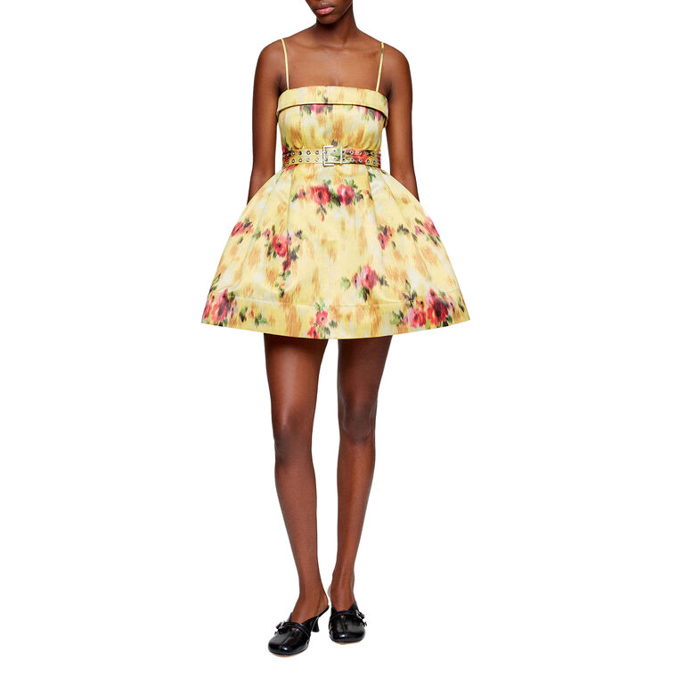 Sleeveless Printed Duchesse Satin Belted Bubble Mini Dress image number null
