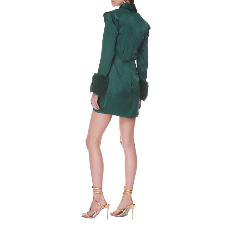 Silky Long Sleeve Mini Dress With Faux Fur Cuff image number null